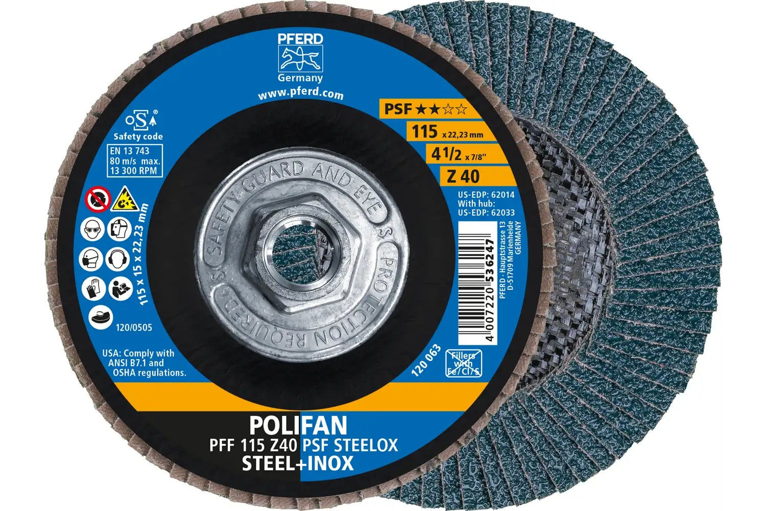 Picture of Pferd Flap Disc, 4-1/2" x 5/8-11, Z PSF Steelox, 40 Grit, T27, Flat, Zirconia